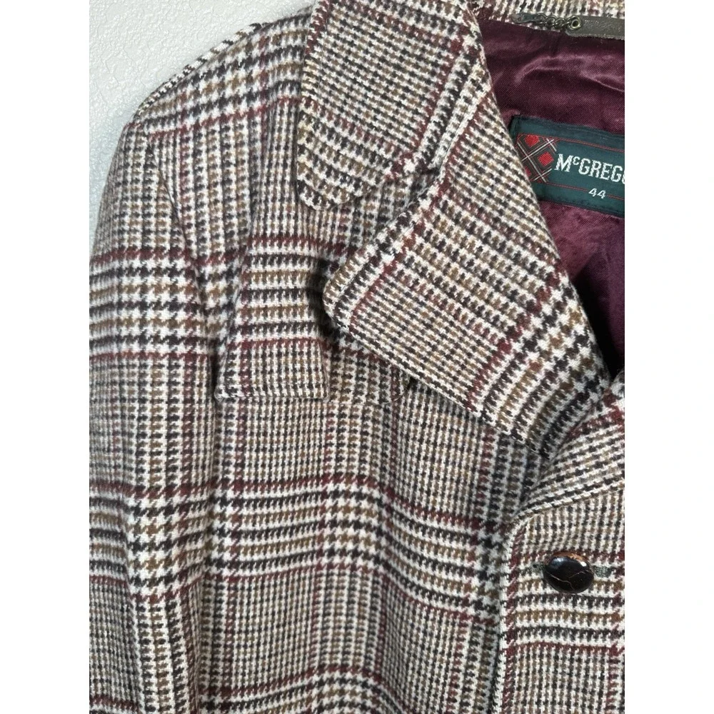 Vtg McGregor Men's Plaid Overcoat Sz 44 Glen Check‎ Wool Blend Belted Peacoat